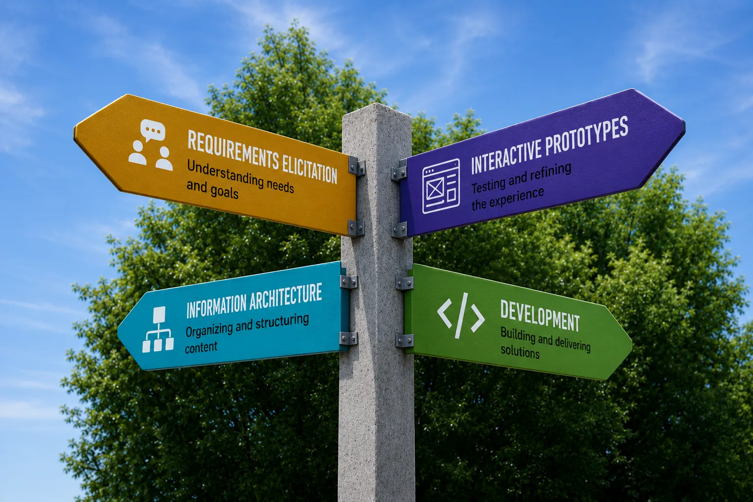 Directional signpost with labels for UX lifecycle stages