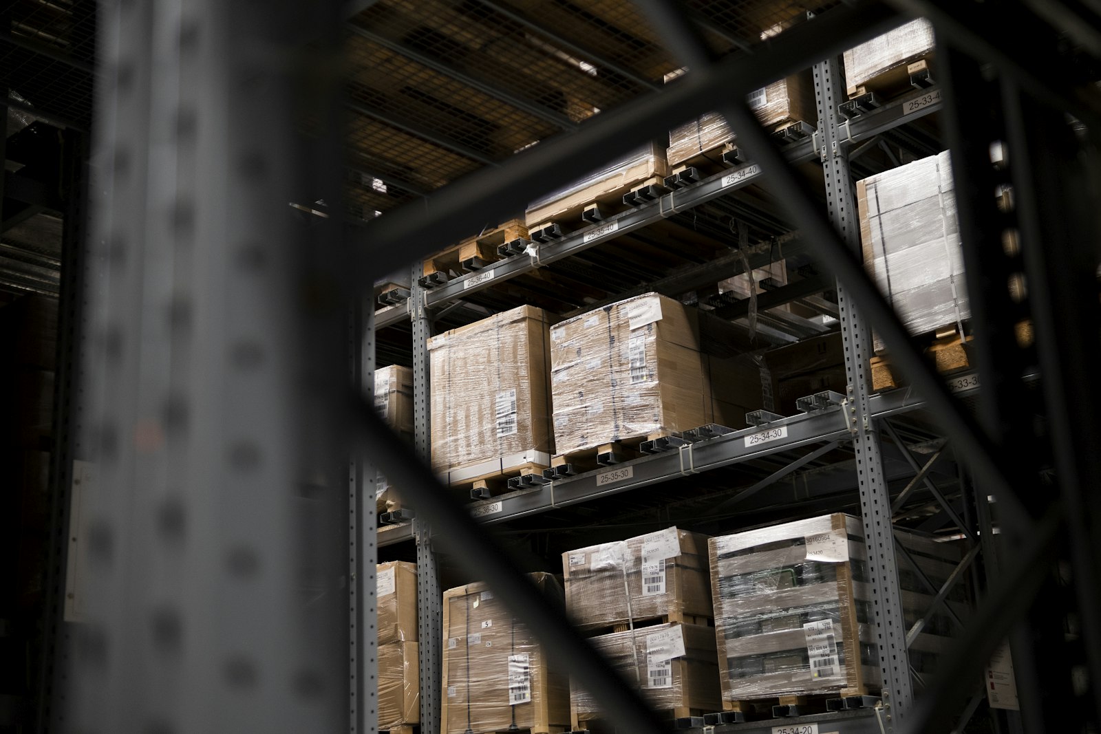 Warehouse storage racks with stacked pallets