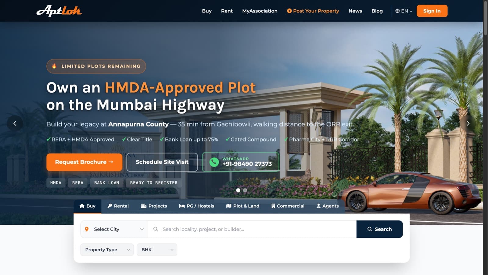 AptLok home page showing property search across buy, rental, projects, and plots